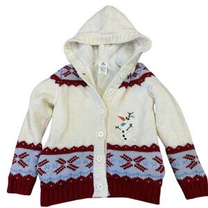 Disney Store Kids Olaf Hooded Cardigan Sweater 5/6 Red & White Knit With Snowfla